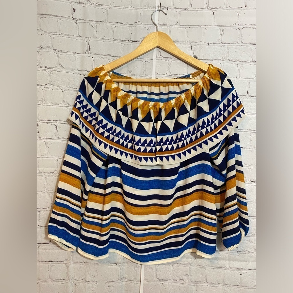 Chicos Off-The-Shoulder Top Womens Size 4 (XXL) Blue Yellow White Striped